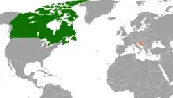 Map indicating locations of Canada and Croatia