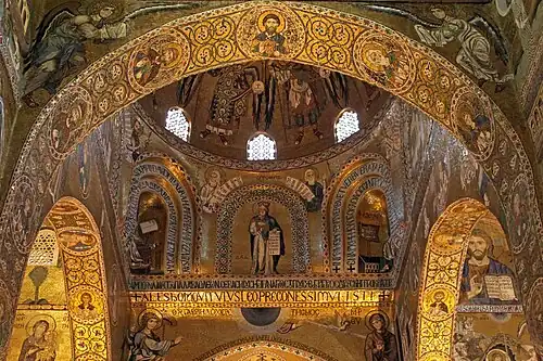 Byzantine mosaic medallions with rinceaux in the Cappella Palatina, Palermo, Italy, unknown architect or craftsman, 1140s[8]