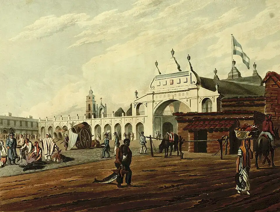 Main market in Buenos Aires. In the centre foreground a Black fisherman brings a dorado.