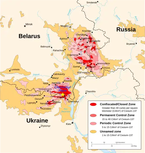 Image 11 Chernobyl disaster Map: Central Intelligence Agency/Eric Gaba A map showing caesium-137 contamination in Belarus, Russia, and Ukraine (in curies per square kilometer) in 1996, ten years after the Chernobyl disaster struck the Chernobyl Nuclear Power Plant. The disaster contaminated 162,160 square kilometres (62,610&nbsp;sq&nbsp;mi) of land and is widely considered the worst nuclear power plant accident in history. More selected pictures