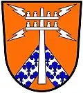a chevron abased - Tenny, a chevron abased, argent semy de lis azure, overall a telephone pole radiant with four lightning flashes of the second - 302 Signal Battalion, USA