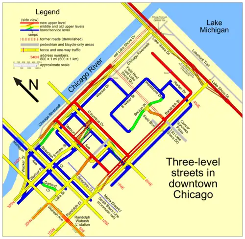 Image 28Map of the Multilevel streets in Chicago. Image credit: User:SPUI (from Portal:Illinois/Selected picture)