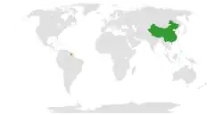 Map indicating locations of China and Suriname