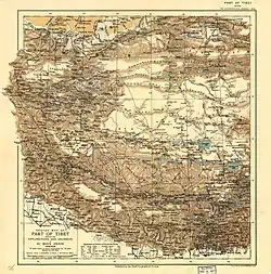 Map of the expeditions of Sven Hedin (1906–8) including the modern-day Gêrzê County area (RGS, early 20th century)