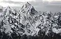 North face of Cholatse seen from Lobuche East. (1) French Route (Badaroux-Batoux-Challamel-Mora-Robach, 1995). The dotted line shows the Korean variations during the first winter ascent (Park Jung-hun-Chai Kang-sik, 2005). (2) 2010 Russian Route. (Credit:Joel Kauffman)