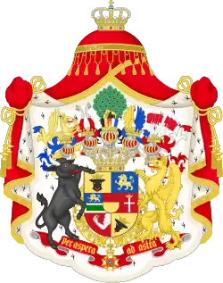 The coat of arms of the Grand Duchy of Mecklenburg-Schwerin, which includes the Wendish Crown in its design.