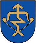 A coat of arms depicting a golden arrow with a zig-zag in the middle of it pulled back on a golden bow all on a blue background