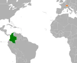 Map indicating locations of Colombia and Switzerland