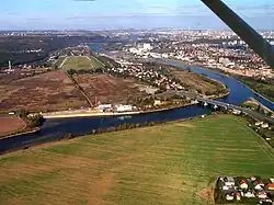 Confluence of Berounka and Vltava rivers at Lahovice