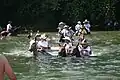 Crossing the river on horseback