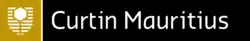 White hexagon over shield of horizontal stripes to the left of the words "Curtin Mauritius".