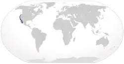 Map of the world with a blue outline along the Pacific coast of North America from Oregon, USA to the Baja peninsula, north Australia