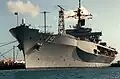 Port bow view of Blue Ridge showing the hurricane bow, CIWS as well as many of the legacy antennas, gun mount and missile launcher, 1992.