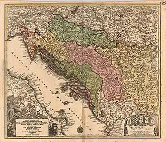 Map of Croatia, Dalmatia, Slavonia, Bosnia, Serbia, Istria and the Republic of Ragusa in the 18th century