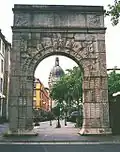 A tabula ansata on the attic of the arch of Dativius Victor (de) in Mainz