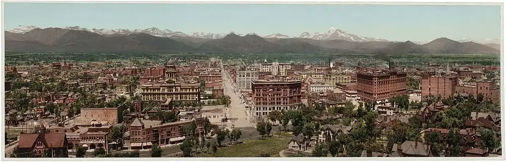 Image 3 Denver Photograph: William Henry Jackson; Restoration: Bammesk Denver is the capital and most populous municipality of the U.S. state of Colorado. It is located in the South Platte River Valley on the western edge of the High Plains, just east of the Front Range of the Rocky Mountains. Founded in 1858, the city is named after James W. Denver, a governor of the Kansas Territory, and it is nicknamed the Mile High City because its official elevation is exactly one mile (5280 feet or 1609.3 meters) above sea level. Formerly part of Arapahoe County, Denver became a consolidated city-county in 1902. This picture shows a panorama of Denver in around 1898, viewed from the top of the Colorado State Capitol, facing northwest and looking down 16th St. The domed building on the left is the former Arapahoe County Courthouse, demolished in 1933, and the Brown Palace Hotel is visible on the righthand side. More selected pictures