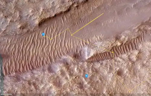 Detail of end of mission location at Airfield&nbsp;Chi (χ), in the dunes of Valinor Hills.[113][112]