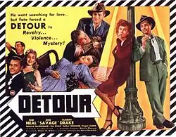 Movie poster with a border of diagonal black and white bands. On the upper right is a tagline: "He went searching for love&nbsp;... but fate forced a DETOUR to Revelry&nbsp;... Violence&nbsp;... Mystery!" The image is a collage of stills: a man playing the clarinet; a smiling man and woman in evening dress; the same man, with a horrified expression, holding the body of another man with a bloody head injury; the body of a woman, asleep or dead, splayed out over the end of a bed, a telephone beside her; leaning against either side of a lamppost, the same man a third time, wearing a green suit and tie and holding a cigarette, and a woman wearing a knee-length red dress and black pumps, smoking. Credits at the bottom feature the names of three actors: Tom Neal, Ann Savage, and Claudia Drake.