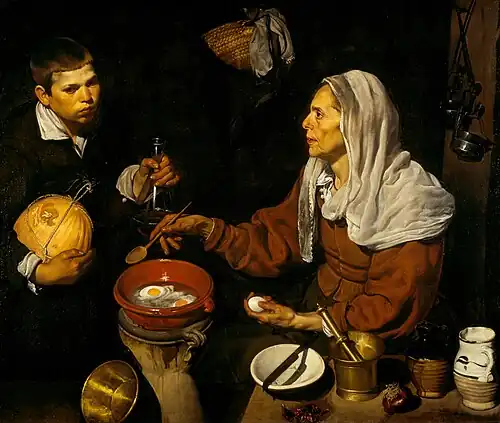 Bodegón with elements of genre paintings — kitchen and cooking. An Old Woman Cooking Eggs by Diego Velázquez; 1618, 101 × 120&nbsp;cm, Scottish National Gallery.