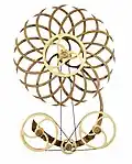 Dimensions is a spring-driven kinetic sculpture designed in 2015. A three-dimensional torus appears in the patterning wheels when the correct directions and speeds are reached.