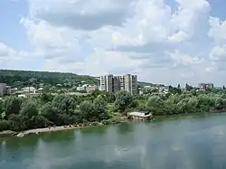Otaci as seen from the Ukrainian town of Mohyliv-Podilskyi, July 2006. The tower block in the foreground collapsed in 2019.