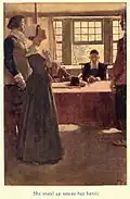 "She stood up serene but heroic", frontispiece, by Howard Pyle of fictional character accused of witchcraft, Dulcibel Burton, in Dulcibel: A tale of old Salem by Henry Peterson, Philadelphia: John C. Winston, 1907