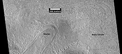 Possible glacier surrounded by brain terrain, as seen by HiRISE under HiWish program