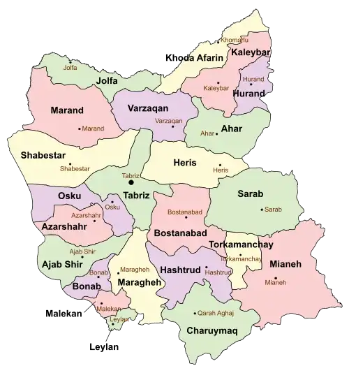 Location of Tabriz County in&nbsp;East&nbsp;Azerbaijan&nbsp;Province (center,&nbsp;green)