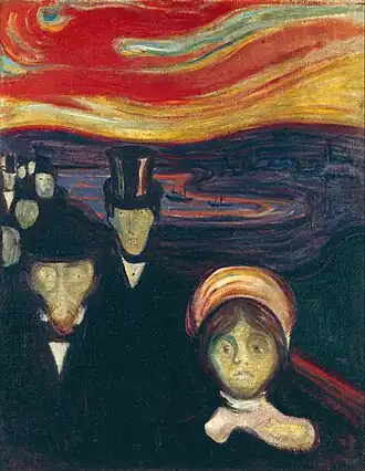 Anxiety, 1894, .mw-parser-output .frac{white-space:nowrap}.mw-parser-output .frac .num,.mw-parser-output .frac .den{font-size:80%;line-height:0;vertical-align:super}.mw-parser-output .frac .den{vertical-align:sub}.mw-parser-output .sr-only{border:0;clip:rect(0,0,0,0);clip-path:polygon(0px 0px,0px 0px,0px 0px);height:1px;margin:-1px;overflow:hidden;padding:0;position:absolute;width:1px}94&nbsp;cm ×&nbsp;74&nbsp;cm (37&nbsp;in ×&nbsp;29+1⁄4&nbsp;in), Munch Museum, Oslo