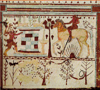 A helmeted figure emerges from behind a fountain, topped with two lions. That is being approached from the other side by an unarmoured rider. Below the horse is a setting sun. Painted underneath this scene are trees shown in different seasons of the year.
