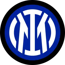 Inside the inner blue circle, a cutout of the words "M" and "I" with the "I" cutting inside of the "M" around the white circle. The inner blue circle contains an outer circle in black.