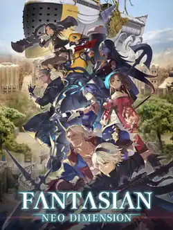 A group of eight people, of different races and genders, are arranged in a group at varying scales in front of a city landscape with an airship in the background. The game's title shown beneath them.