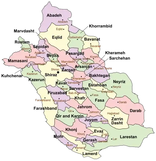Location of Bavanat County in&nbsp;Fars&nbsp;province (top&nbsp;right,&nbsp;yellow)