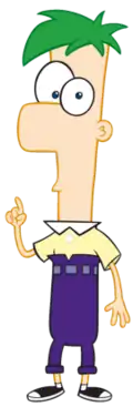 A cartoon drawing of a young, British boy with green hair. He has a long, rectangular head with a squared nose and egg-like eyes. He is wearing a collared shirt with purple pants that go up well above his waist. One arm is up in the air, with his index finger up, and the other is to his side. His pants are cuffed and he is wearing black and white converses.