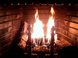 Wood-burning fireplace with fire dogs