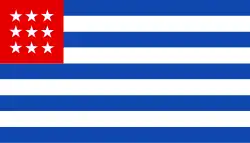A flag with nine alternating blue and white striped with a red canton containing nine white stars