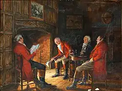 'Discussing the Hunt'. Oil on canvas. Signed and dated 'F M Bennett 1927' (lower left)
