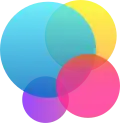 An abstract design of translucent concentric circles overlapping, their colors and sizes varied