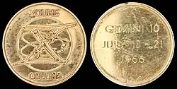 Gemini 10 mission emblem and crew names (front). Flight dates (back)
