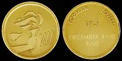 Gemini 7 mission emblem and crew names (front). Flight dates (back)