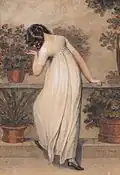 Exhibited: Colnaghi as ‘A Girl smelling Geraniums’. Girl on a terrace. (1807)