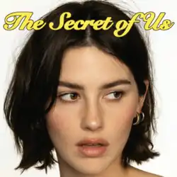 Abrams's head against white, mouth slightly agape and looking off to the side, the album title in cursive (filled yellow, black outline) crosses the crown of her head