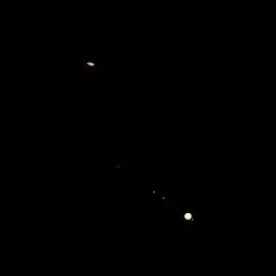 Photograph taken two days before closest approach with a separation of approximately 15 arcminutes.