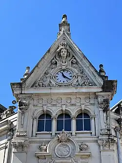 Renaissance Revival pediment of the Hôtel de la Caisse d'épargne de Dijon (Rue des Bons-Enfants no. 8), Dijon, France, by Arthur Chaudouet, 1889–1890