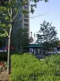 Hard Rock Cafe sign on the outside of Compuware World Headquarters for the park