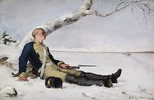 Wounded Warrior in the Snow, Helene Schjerfbeck, 1880, the scene not directly from any poem but influenced by them