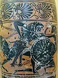 Heracles fighting the Amazons. Attic black-figure lekythos, early 5th century BC, from Gela. An amazon bearing a Vergina sun symbol on her shield. Regional Archaeological Museum "Antonio Salinas", Palermo.