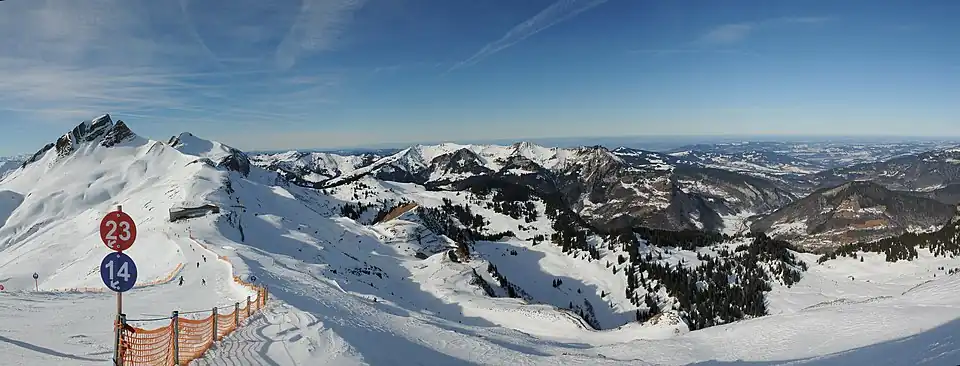 View of the Damülser Mittagsspitze and the ski area of Damüls-Mellau