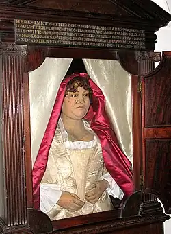 Funerary effigy of Sarah Hare, who died in 1744, Holy Trinity church, Stow Bardolph, Norfolk