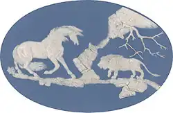 Horse Frightened by a Lion, plaque, 10 by 16 inches (250&nbsp;mm ×&nbsp;410&nbsp;mm), 1780, after George Stubbs